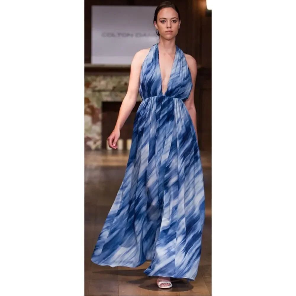 Colton Dane Blue Silk Halter Maxi Dress Sz. 2